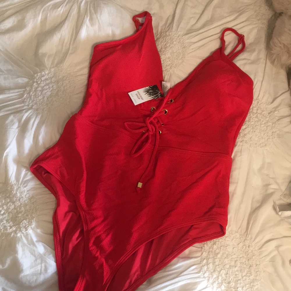 Red lace up one price swim suit